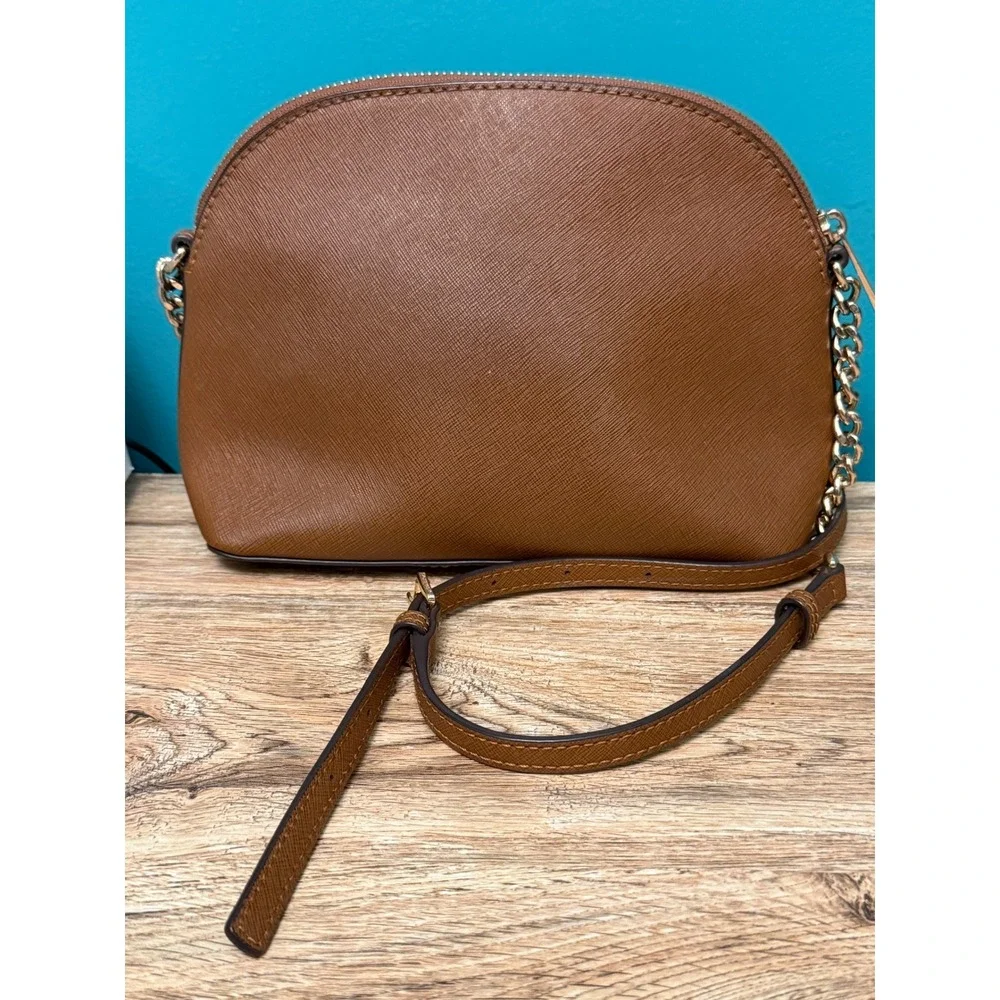 Michael Kors Dome Crossbody Bag Womens Brown Saffiano Leather Gold Chain Minimal